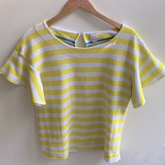 Anthropologie 9-H15 STCl Textured Yellow Striped Postage Fluttersleeve Top, Sz M - Picture 4 of 9